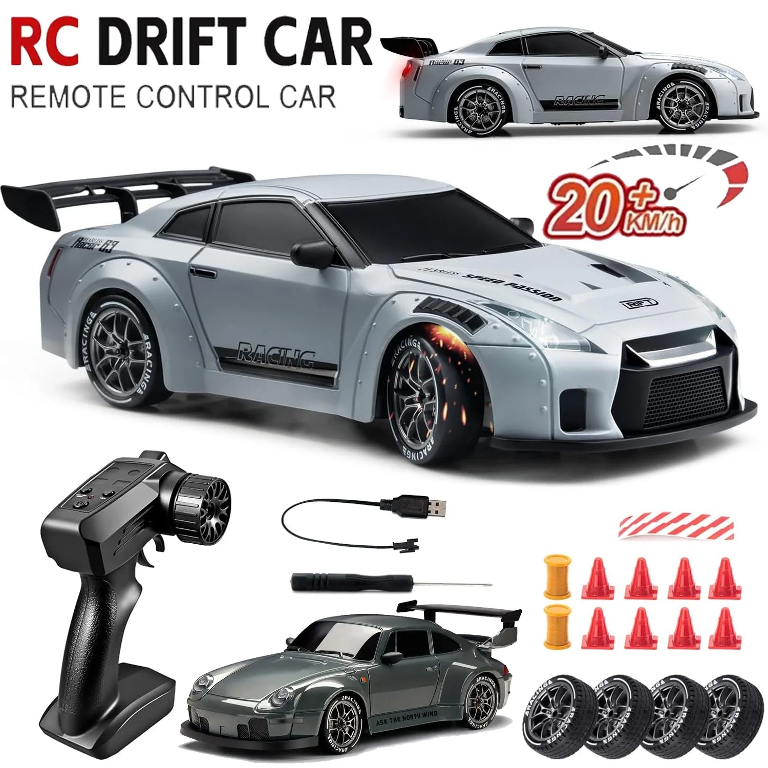 1:24 Scale 20+KM/H RC Drift Car 2.4G 4WD High Speed RC Drifting Car Remote Control Cars with LED Lights Drifting Tires Race Toys