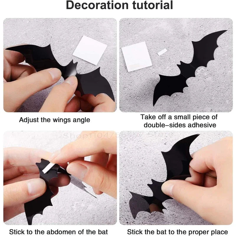 4 Size 3D Bat Stickers Emulation Plastic Sheet Black Horror Spider Wall Stick Halloween Festival Party Courtyard DIY Decoration