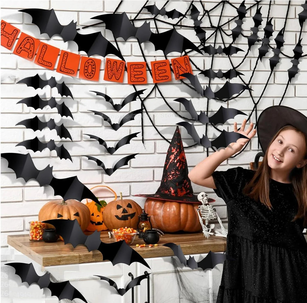 4 Size 3D Bat Stickers Emulation Plastic Sheet Black Horror Spider Wall Stick Halloween Festival Party Courtyard DIY Decoration