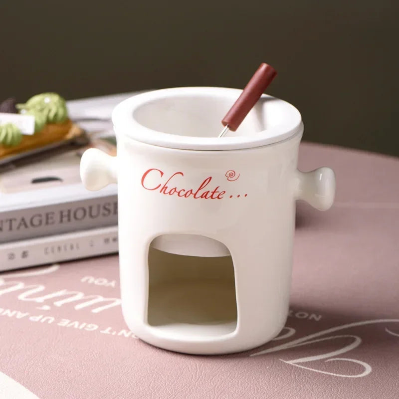 Hot Ceramic Chocolate Chafing Dish Cup with Fork Candle Pot Melting Chocolate Mug Tableware Creative Household Drinking Utensils