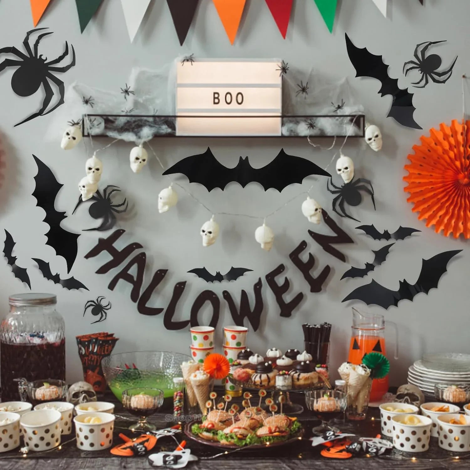 4 Size 3D Bat Stickers Emulation Plastic Sheet Black Horror Spider Wall Stick Halloween Festival Party Courtyard DIY Decoration